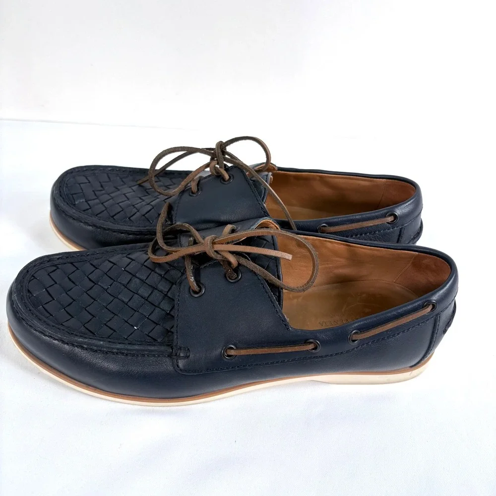 Bottega Veneta Boat Shoes Navy Blue Intrecciato Woven Leather Mens 8.5 EU 41.5